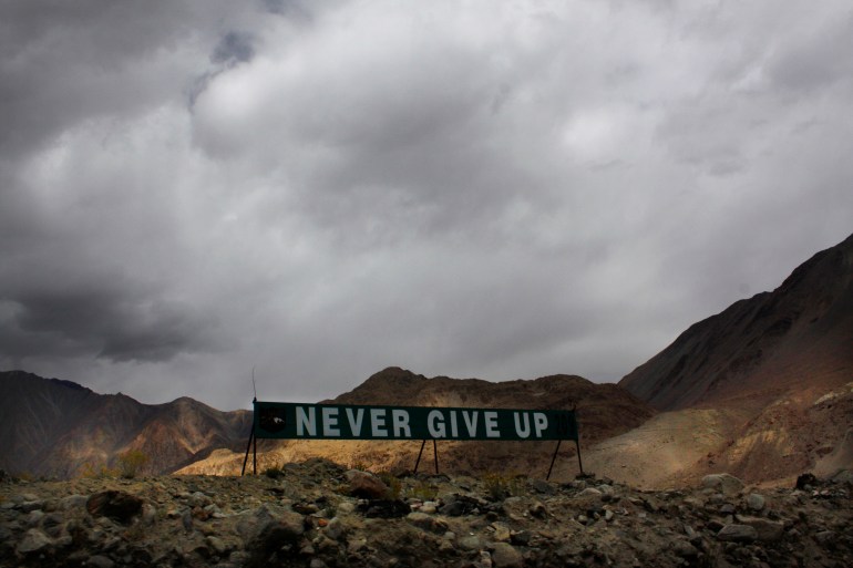 A banner erected by the Indian army stands near Pangong Tso lake near the India China border in India's Ladakh area