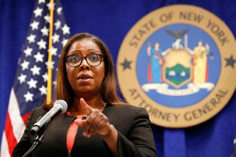 New York State Attorney General Letitia James takes a question at a news conference in New York.
