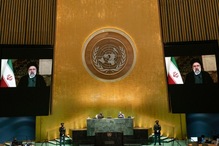 Iran's President's Ebrahim Raisi remotely addresses the 76th Session of the U.N. General Assembly