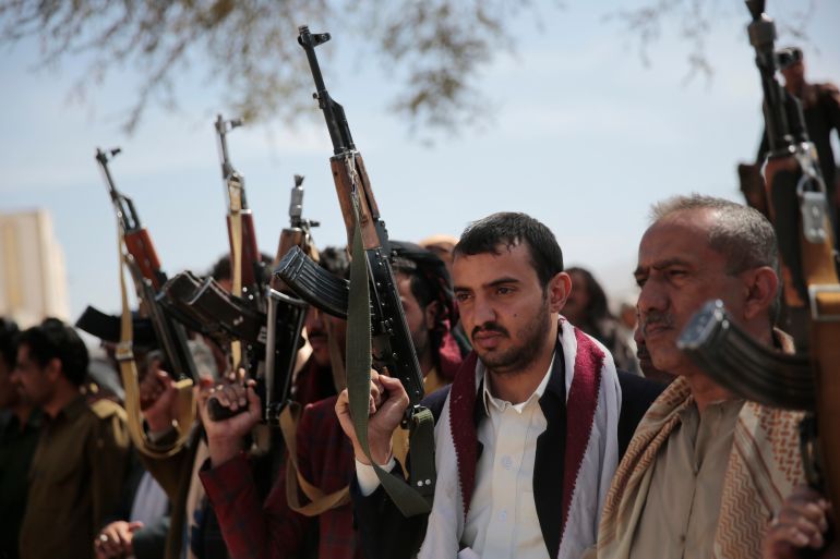 Armed Houthi fighters attend the funeral procession of Houthi rebel fighters who were killed in recent fighting with forces of Yemen's internationally recognised government, in Sanaa, Yemen.