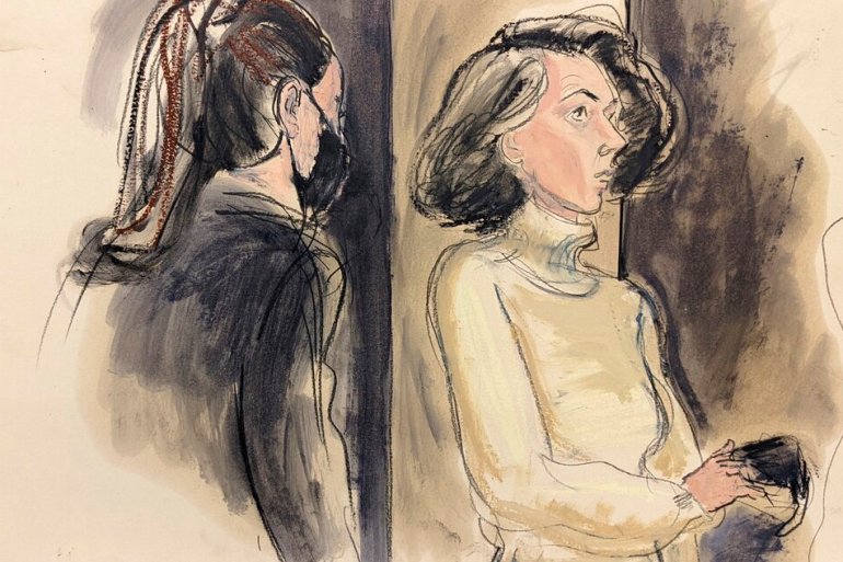 In this courtroom sketch, Ghislaine Maxwell, right, sits with her mask off during a break in her sex trafficking trial.