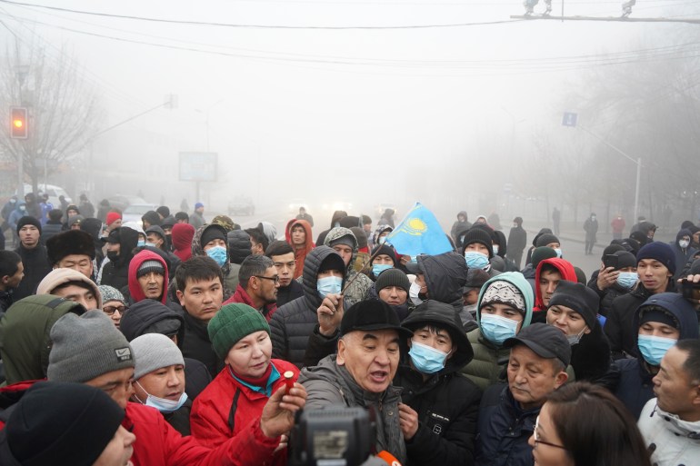 Demonstrators take part in a protest in Almaty, Kazakhstan