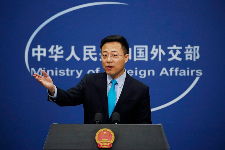 Chinese Foreign Ministry spokesman speaks during a press conference