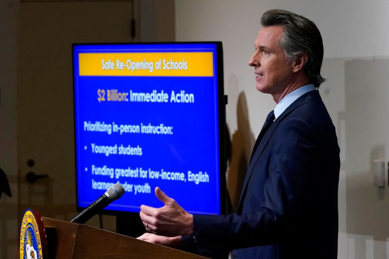 California Gov. Gavin Newsom speaks about his 2021-2022 state budget proposal during a news conference.