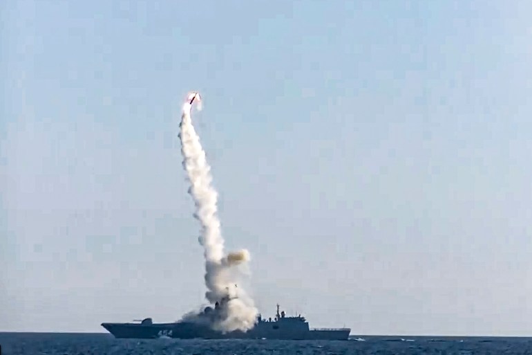 A Russian warship fires a missile