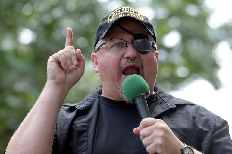 Oath Keepers founder Stewart Rhodes speaks at a rally