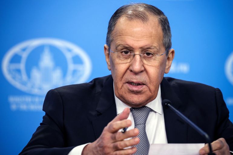 Russian Foreign Minister Sergey Lavrov addresses a news conference in Moscow
