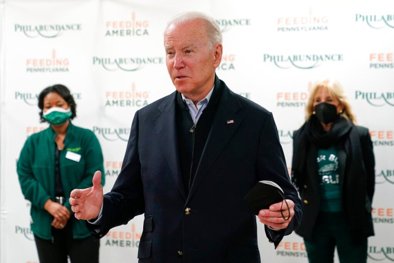 President Joe Biden Speaks With Members Of The Press About The Texas Synagogue Hostage Incident Before Volunteering With First Lady Jill Biden, Back Right, At Hunger Relief Organization Philabundance.