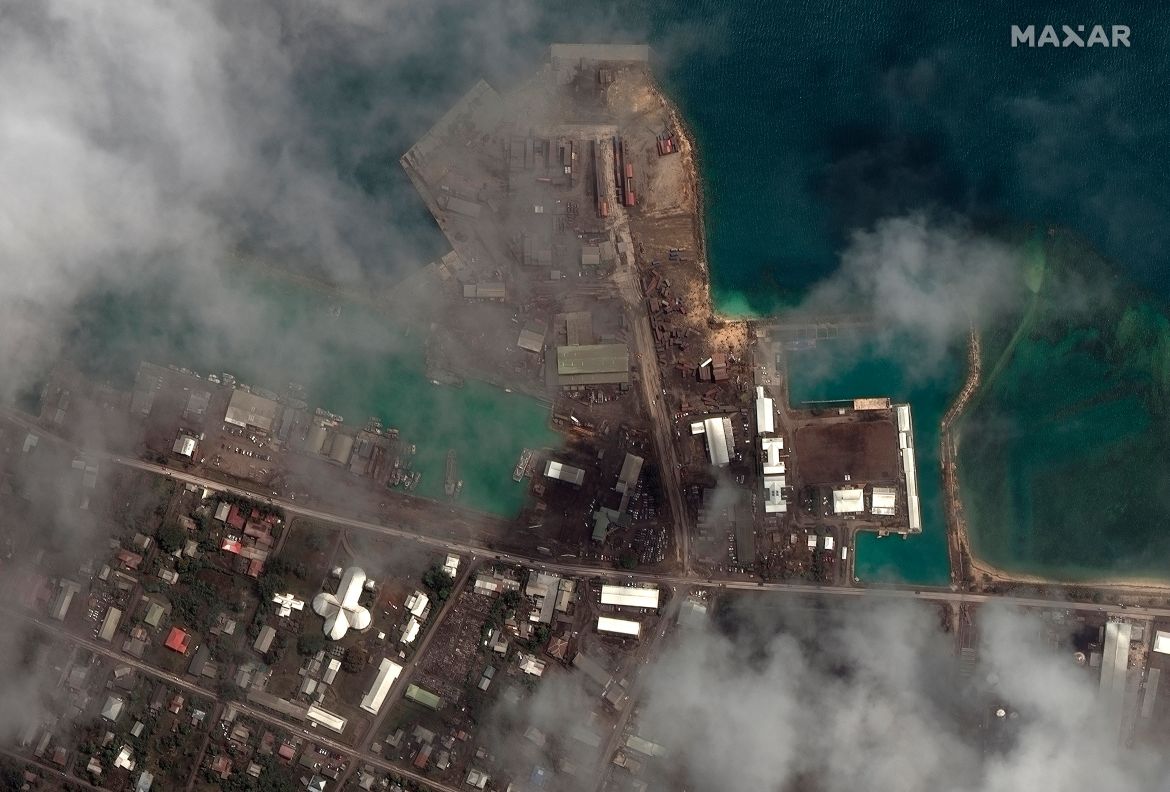 The main port facilities in Nuku’alofa, Tonga after a huge undersea volcanic eruption and tsunami.