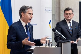 Secretary of State Antony Blinken, left, speaks during a media availability with Ukrainian Foreign Minister Dmytro Kuleba, at the Ministry of Foreign Affairs,