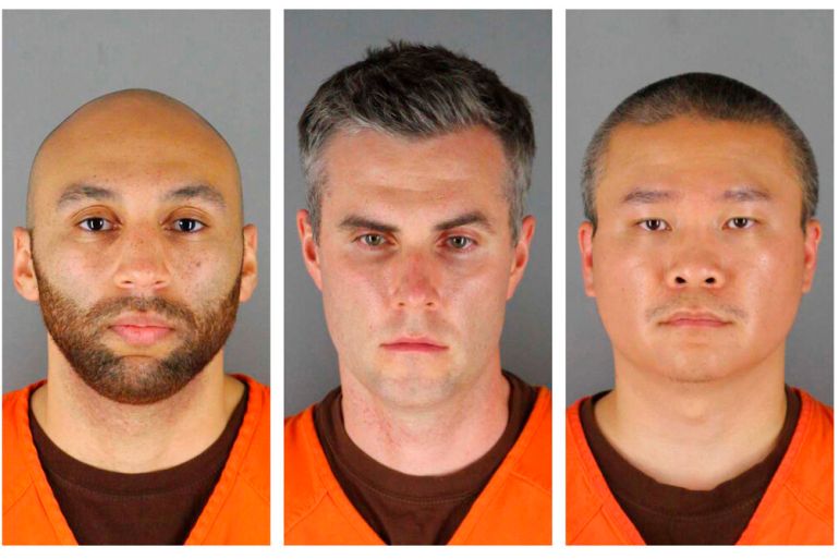from left, wearing orange prison uniforms, former Minneapolis police officers J Alexander Kueng, Thomas Lane and Tou Thao.