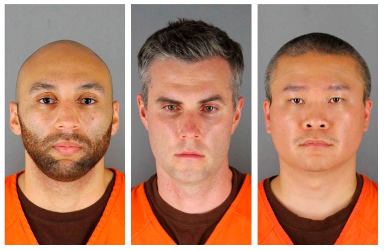 left, dressed in orange prison uniforms, former Minneapolis police officers Jay Alexander Queng, Thomas Lane and Tou Tao.