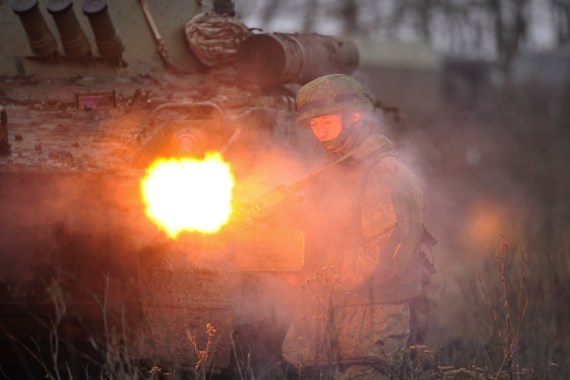 A Russian army soldier takes part in drills at the Kadamovskiy firing range in the Rostov region in southern Russia