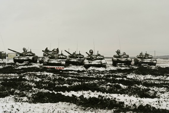 Russian tanks T-72B3 take part in drills at the Kadamovskiy firing range in the Rostov region in southern Russia