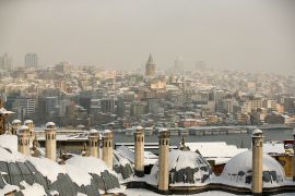 A view of snow-covered Golden Horn area at Istanbul