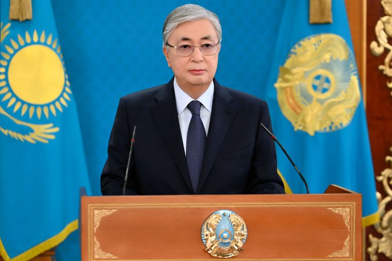 Kazakh president speaks at a press conference