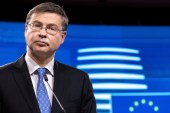 EU Trade Commissioner Valdis Dombrovskis speaks during a press conference in Brussels [File: Olivier Matthys/AP]