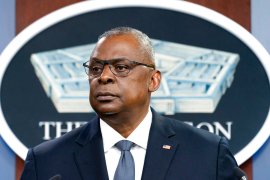 Secretary of Defense Lloyd Austin pauses while speaking during a media briefing at the Pentagon.