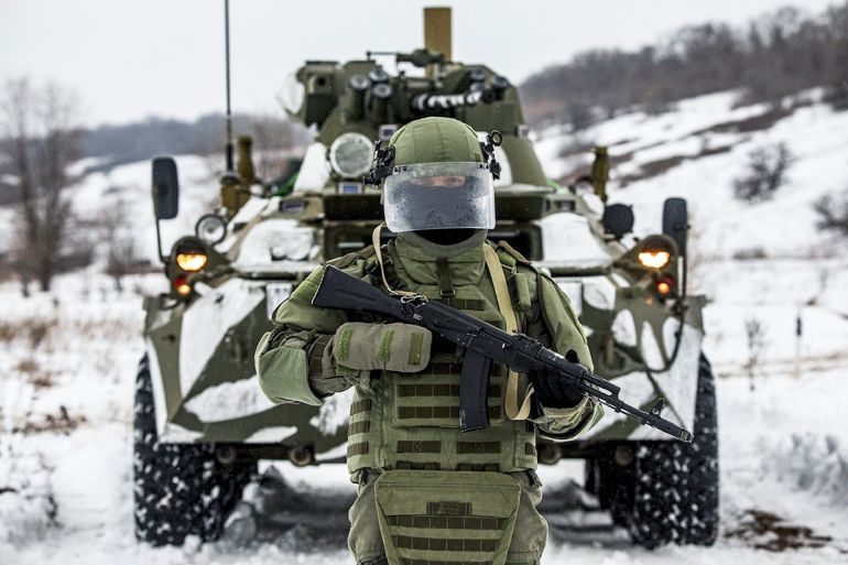 Russian soldier walks demining the site during drills, Russia.