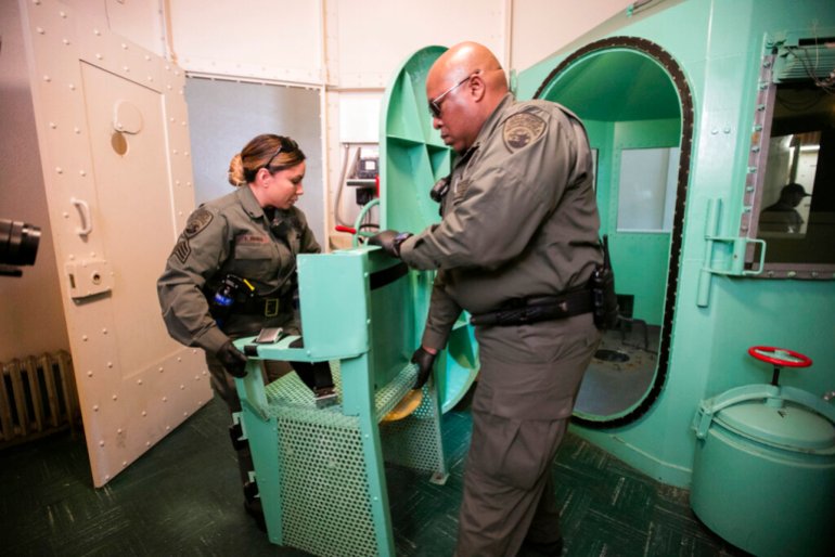 California Department of Corrections and Rehabilitation a chair is removed from the death penalty chamber at San Quentin State Prison.