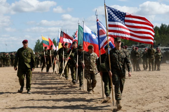 Soldiers from NATO countries attend an opening ceremony of military exercise 'Saber Strike 2015', at the Gaiziunu Training Range in Pabrade, Lithuania