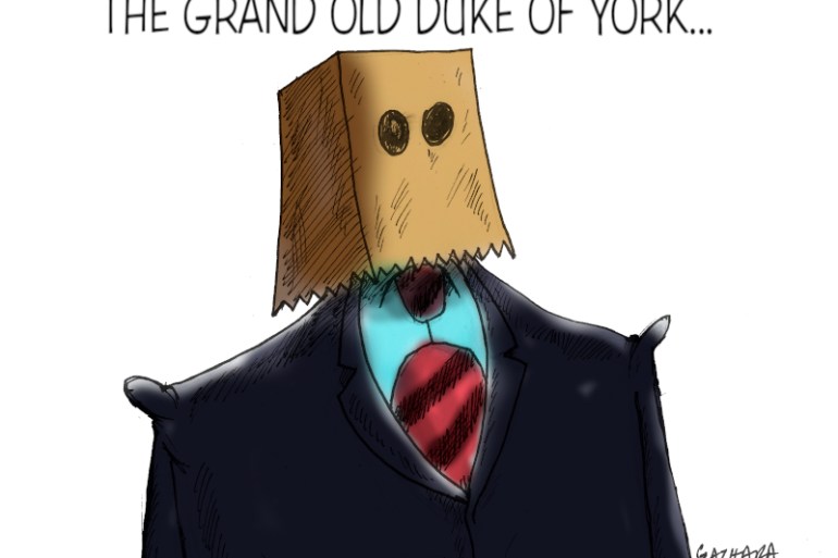 Cartoon showing Prince Andrew with a paper bag on his head.