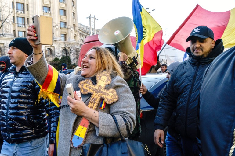 A protest in Bucharest, Romania, against a proposed COVID-19 pass
