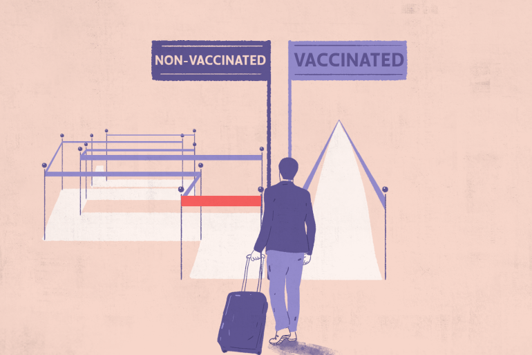 An illustration of a person with a rolling suitcase walking towards two signs at an airport leading to two paths, with one saying "Non-vaccinated" and a long, jagged path and the other saying "vaccinated" with a straight line.