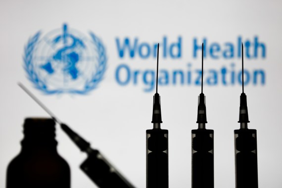 World Health Organization logo is seen behind medical syringes in this illustrative photo