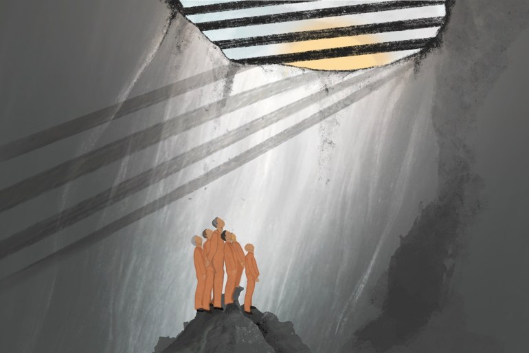 An illustration showing men in orange jumpsuits in a enclosed space looking up to the sky through railings.