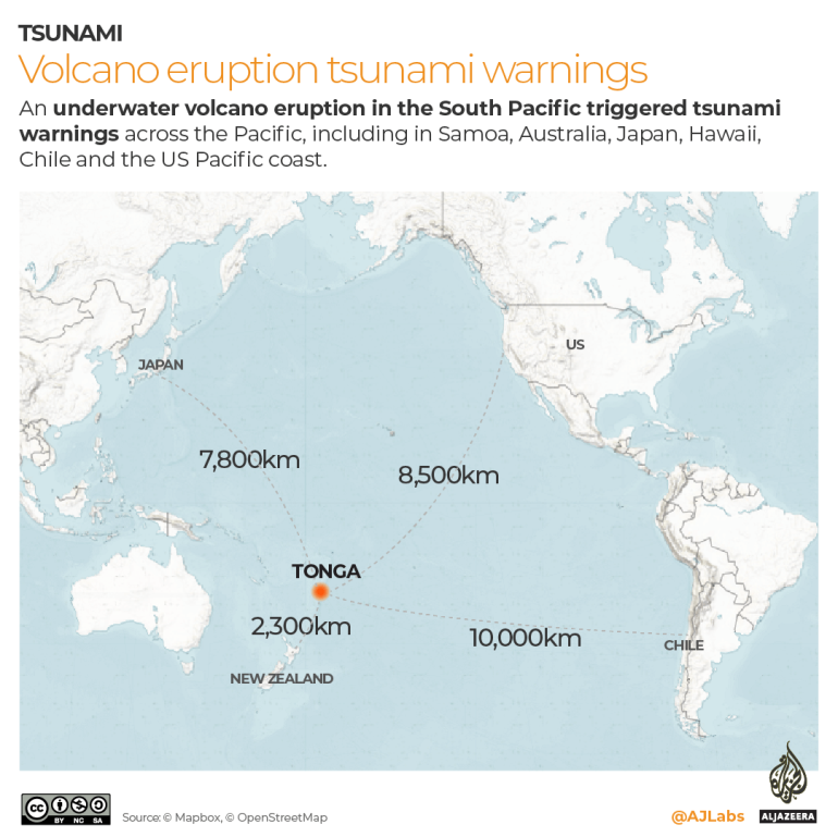 Map showing Tonga's tsunami warnings