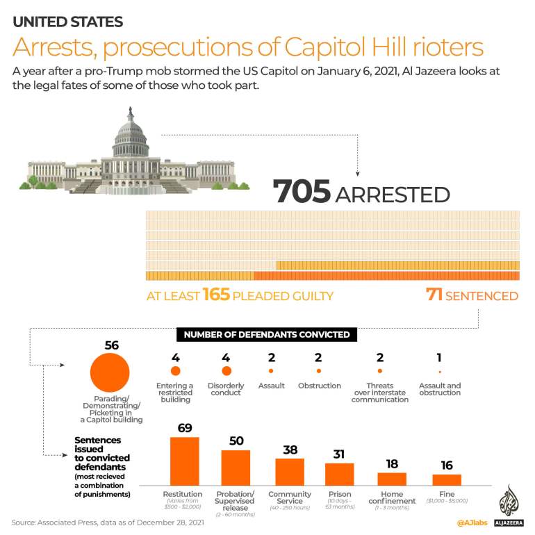 A graph explaining the 705 people arrested so far in the Capitol Hill riots on January 6, 2021