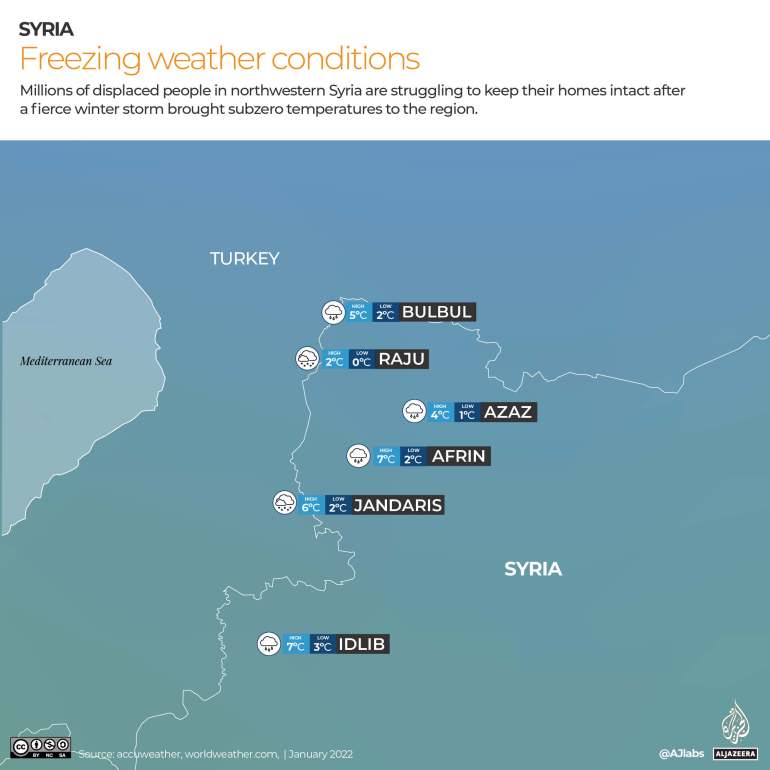خريطة لدرجات الحرارة المتجمدة في شمال غرب سوريا