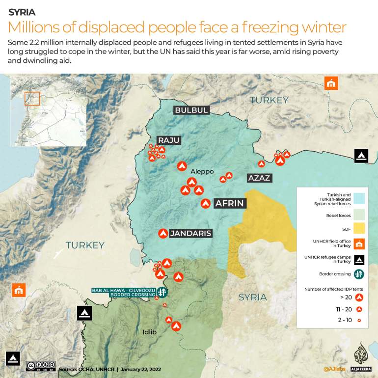 map of northwest Syria's IDP camps and refugee tents in Turkey