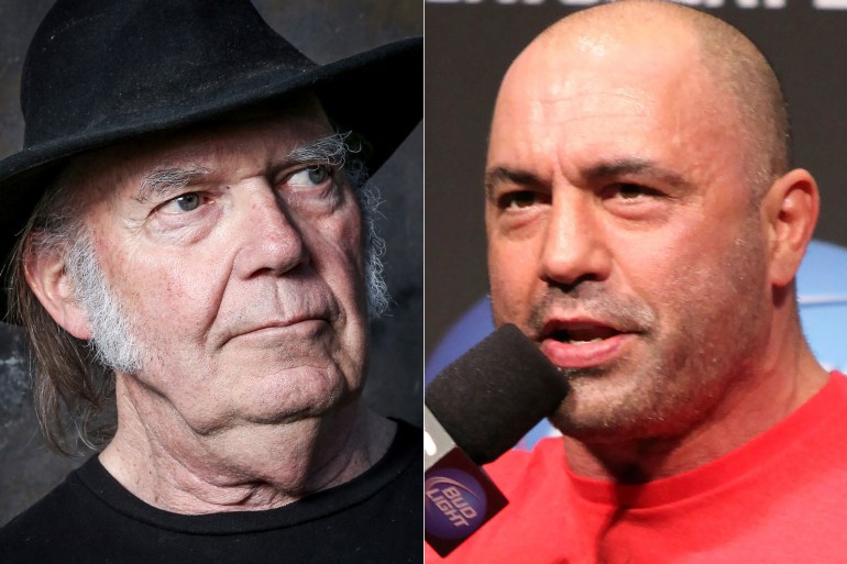 This combination photo shows Neil Young and UFC announcer and podcaster Joe Rogan