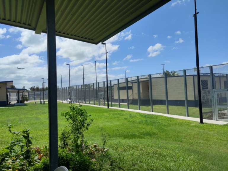 High fences enclose the lush green grass and buildings n the Brisbane Immigration Transit Accommodation 