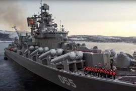 The Russian cruiser Marshal Ustinov preparing to take part in exercises in the Barents Sea in Severomorsk