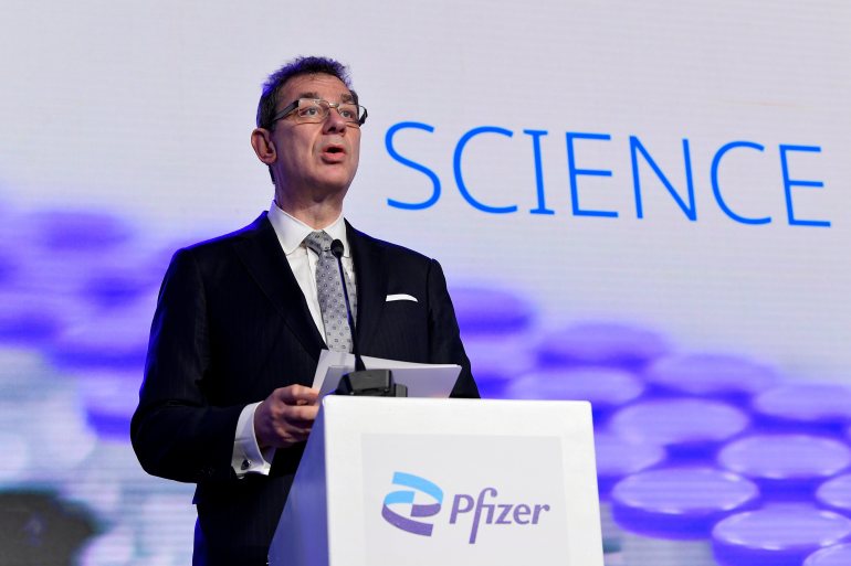 Pfizer CEO Albert Bourla talks during a press conference