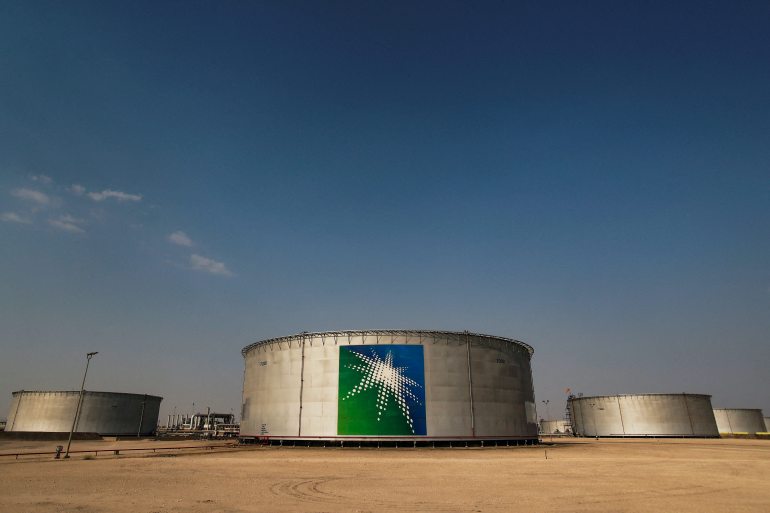 A view shows branded oil tanks at Saudi Aramco oil facility in Abqaiq, Saudi Arabia