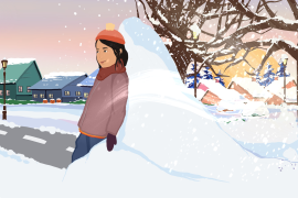 Illustration of a girl in winter clothes leaning against a large pile of snow as tall as her with winds and light snow around her.