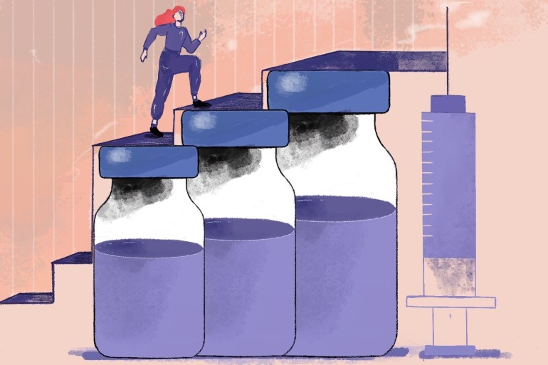 An illustration of a person walking up a flight of stairs, with the last three steps being a COVID-19 vaccine bottle each, shown next to a large syringe.