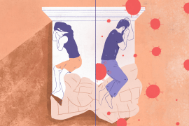 An illustration with a man and a woman on the same bed facing the other way with the blanket at the bottom of the bed and a line drawn in between them., the man's side with COVID cells around and the woman's side without..