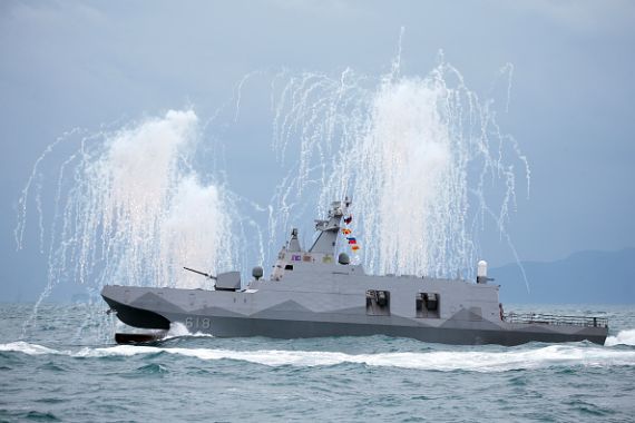 Taiwan Navy's Tuo Chiang-class corvette shoot decoy flare during a military exercise off the shore in Keelung, Taiwan.