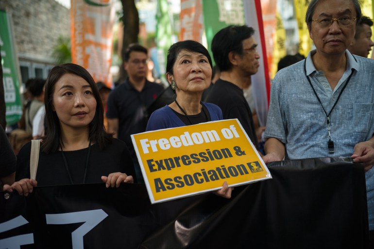 Veteran politician Claudia Mo dressed in a navy blue shirt and with a poster calling for freedom of expression and association takes part in a 2018 protest