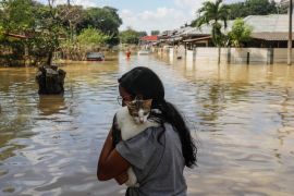 A woman carried her tortoiseshell cat on her shoulder as she wades through milky brown floodwaters in the Malaysian city of Shah Alam