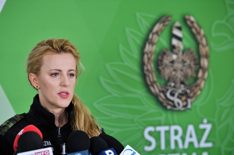 Spokeswoman of Poland's Border Guards Anna Michalska speaks during a press conference