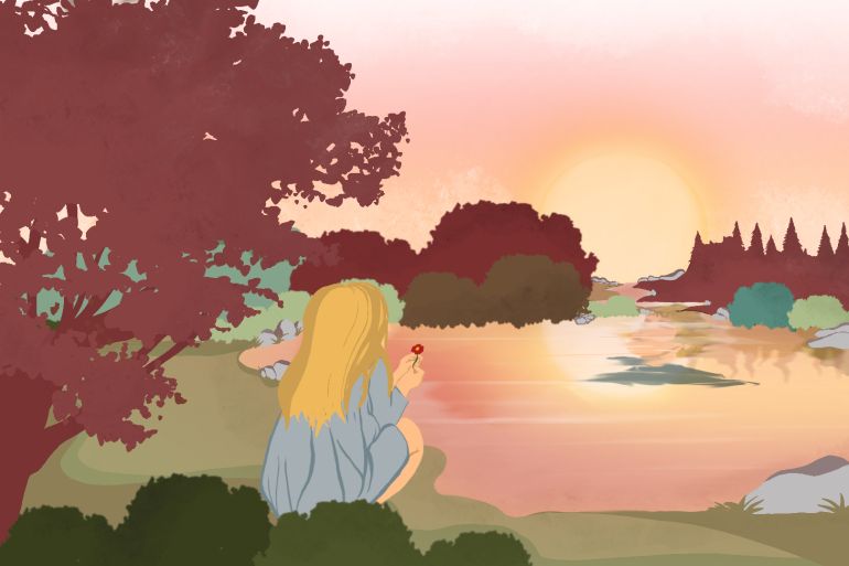An illustration shows a girl crouching beside a lake, holding a flower in her hands and looking down into the water where she sees the reflection of her brother's face.