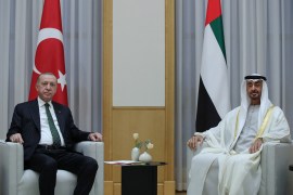 Turkish President Recep Tayyip Erdogan meeting with Crown Prince of Abu Dhabi Sheikh Mohammed bin Zayed al-Nahyan
