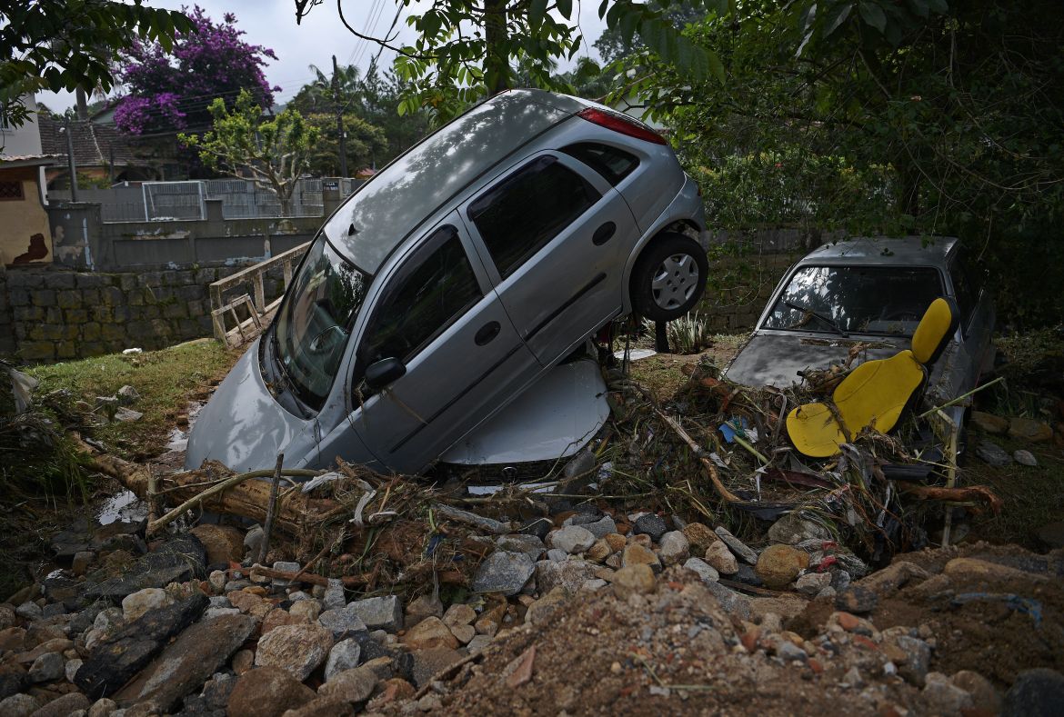 View of cars destroyed by a flash flood in Petropolis