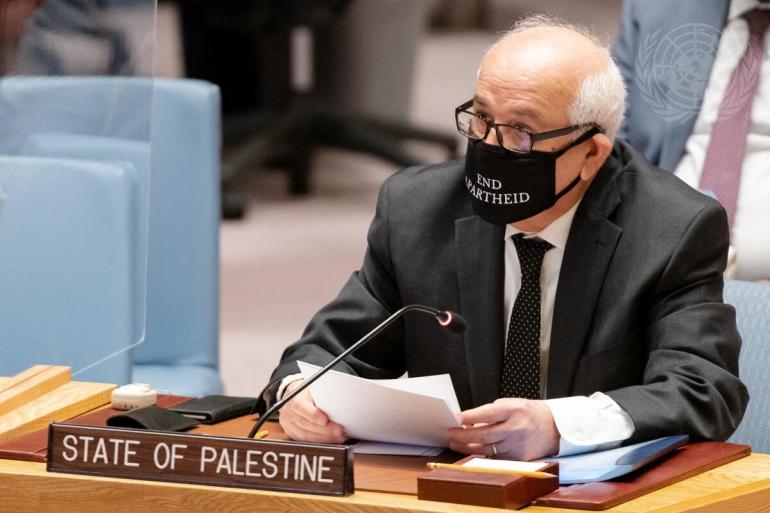 Riyad Mansour, Palestine's envoy to the UN, addresses the Security Council meeting in New York City.